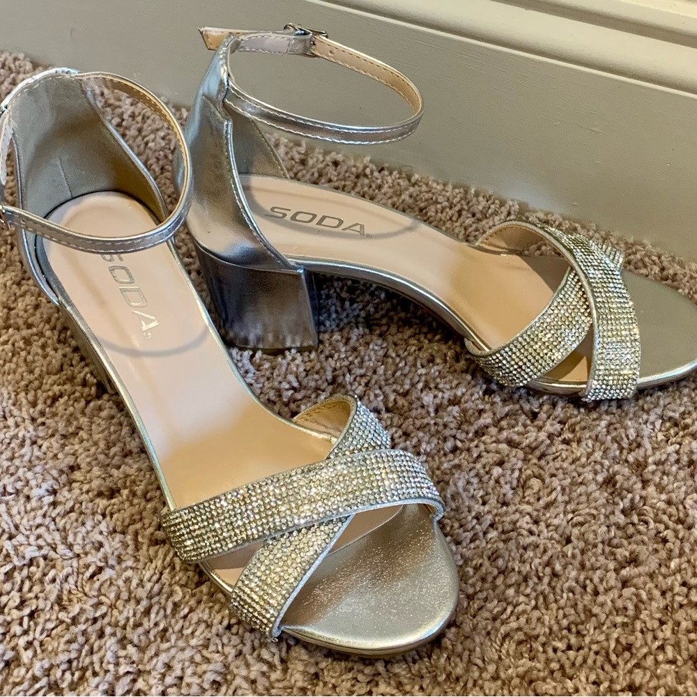 Soda Metallic Silver Block Heels